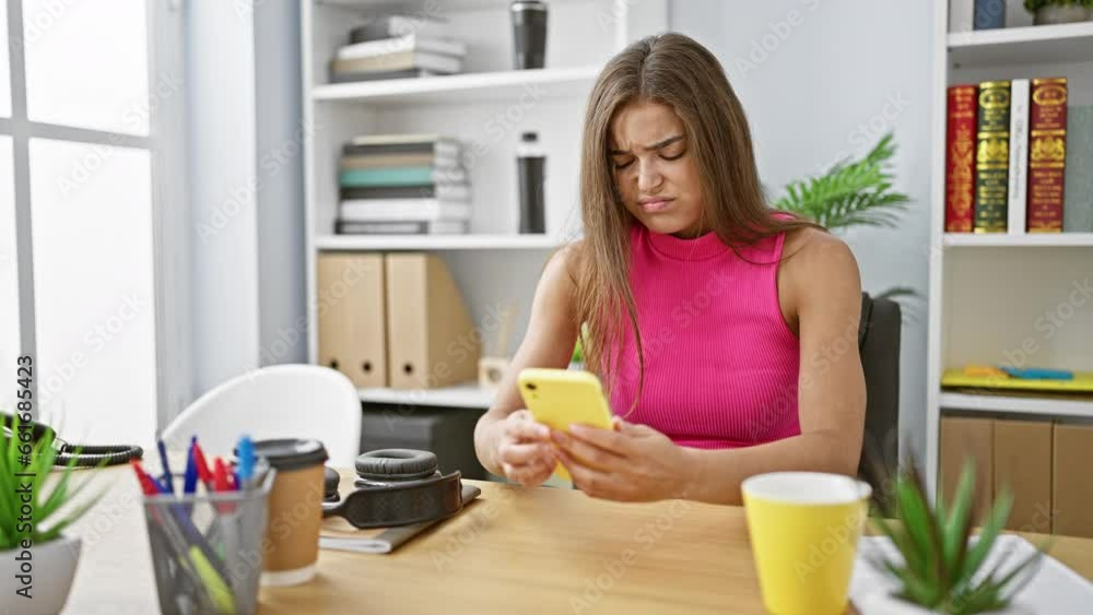 Upset young hispanic woman, a beautiful business worker experiences stress in office, stressfully using smartphone at desk, showing a grim adult portrait background Upset young hispanic woman, a beautiful business worker experiences stress in office, stressfully using smartphone at desk, showing a grim adult portrait background