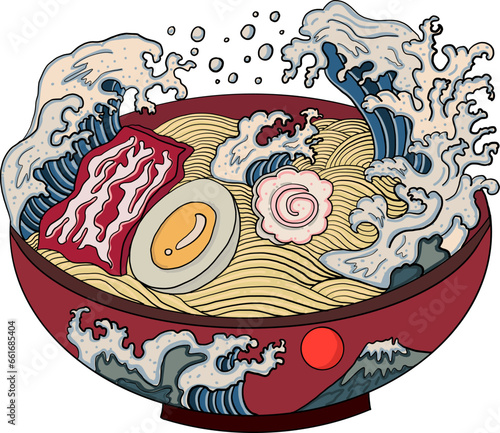 Traditional Japanese ramen and wave for restaurant printing on wallpaper.Ramen vector illustration for doodle art.Sunrise with chopsticks vector for painting on background.