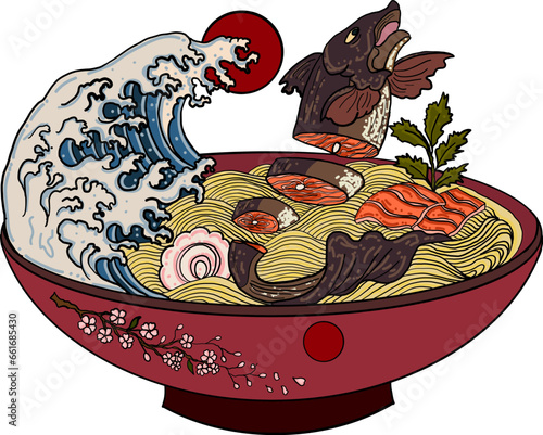 Traditional Japanese ramen and wave for restaurant printing on wallpaper.Ramen vector illustration for doodle art.Sunrise with chopsticks vector for painting on background.