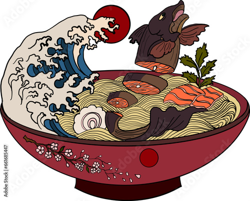 Traditional Japanese ramen and wave for restaurant printing on wallpaper.Ramen vector illustration for doodle art.Sunrise with chopsticks vector for painting on background.
