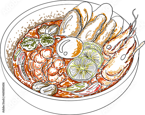 Traditional Thai food for printing on wallpaper.Vector of Tom yum kung soup illustration.Asian food.Hand drawn asian food on white isolated background.Seafood illustration for elements on menu.