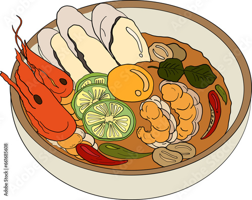 Traditional Thai food for printing on wallpaper.Vector of Tom yum kung soup illustration.Asian food.Hand drawn asian food on white isolated background.Seafood illustration for elements on menu.