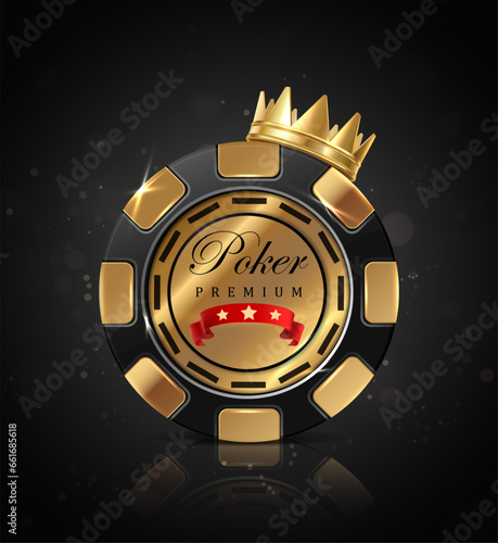 Online casino poker chip banner on black background with gold crown. 3d realisitc vector icon illustration. 