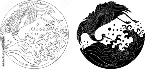 Crane and Japanese wave vector illustration for T-shirt.Traditional Chinese wave in circle.Beautiful line art of nature for printing on shirt.Asian art for doodle and painting on background.