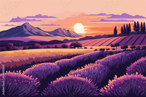 Lavender field on hills, nature landscape background. Purple floral plants blooming on meadow. Blossomed violet lavanders, countryside panorama scenery, wild gentle flora. 