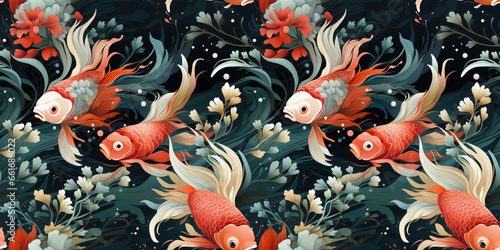Seamless pattern with goldfish and seaweed. Vector illustration.