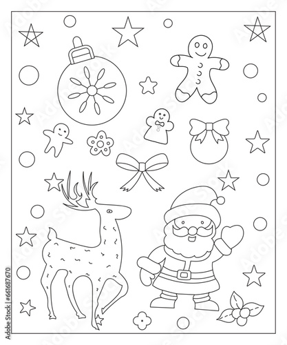 Coloring page of a decorated Christmas tree, shanta claus, ball, bell, snowman and gifts. Vector black and white illustration on white background. photo