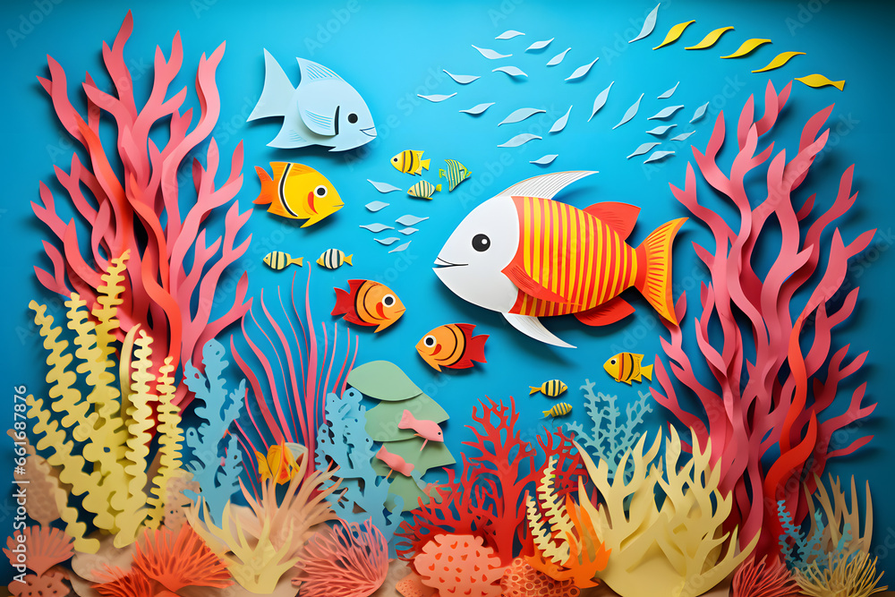 Naklejka premium Children paper cut of supermarket, village, tree, red, child, illustration, marine life, forest, dear, festival, bunny