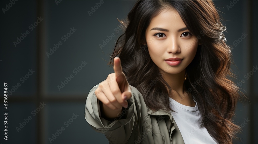young Asian woman pointing to copy space, face happy Pretty girl, a satisfied product use for advertising with positive expression, empty copy space isolated. young Asian woman pointing to copy space, face happy Pretty girl, a satisfied product use for advertising with positive expression, empty copy space isolated.