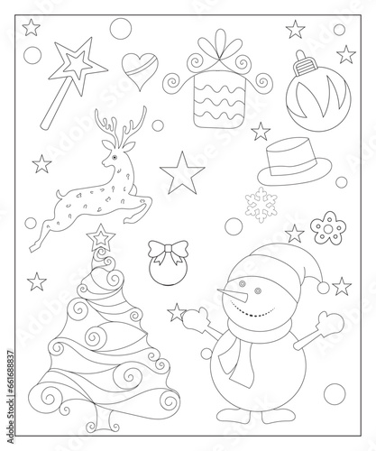 Coloring page of a decorated Christmas tree, shanta claus, ball, bell, snowman and gifts. Vector black and white illustration on white background. photo