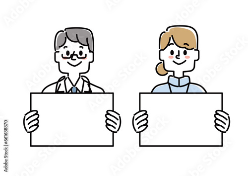 白紙のボードを手に持っている医療従事者のイラストセット