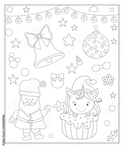 Coloring page of a decorated Christmas tree, shanta claus, ball, bell, snowman and gifts. Vector black and white illustration on white background.