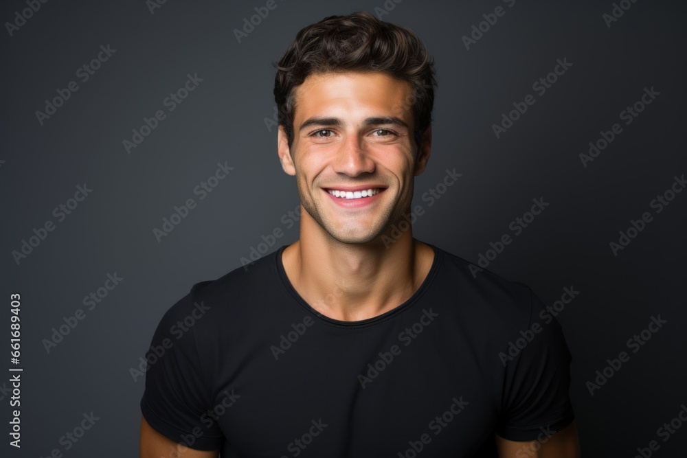 Fototapeta premium Portrait of a Happy Fictional Beautiful White Man Smiling Candidly. Isolated on a Plain Colored Background. Generative AI. 