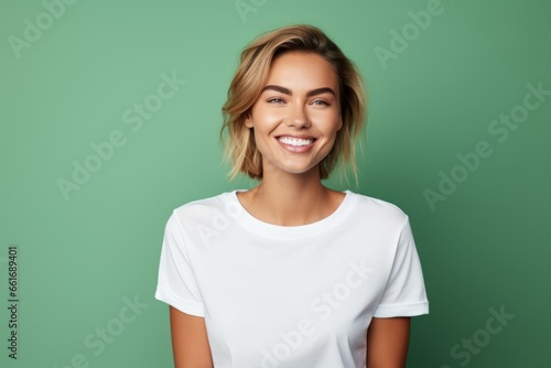 Portrait of a Happy Fictional Beautiful Woman Model Smiling Candidly. Isolated on a Plain Colored Background. Generative AI.  © Tuyres