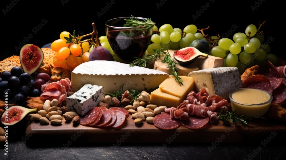 Gourmet assortment. cheeses, meats, and fruits against obsidian elegance