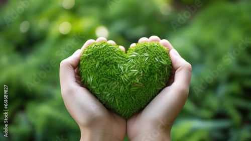 Tender hand cradling a heart against a lush grassy backdrop photo