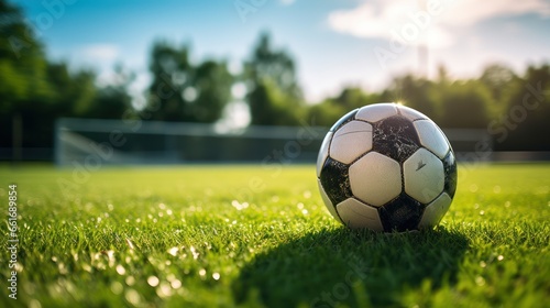 Soccer ball nestled into the net, symbolizing victory on a lush green field