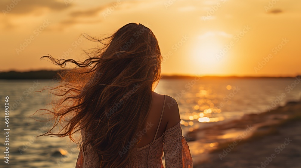 Hopeful woman, lost in the serenity of a seaside sunset Hopeful woman, lost in the serenity of a seaside sunset