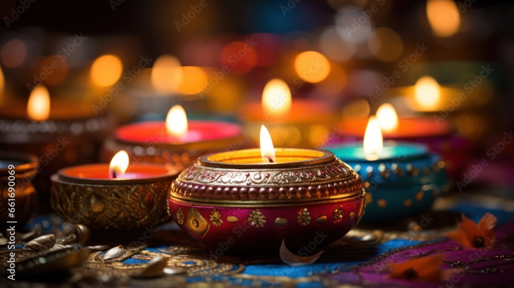 The radiant Diwali festival, where luminous Diya oil lamps meet the vibrant hues of Rangoli art in celebration The radiant Diwali festival, where luminous Diya oil lamps meet the vibrant hues of Rangoli art in celebration