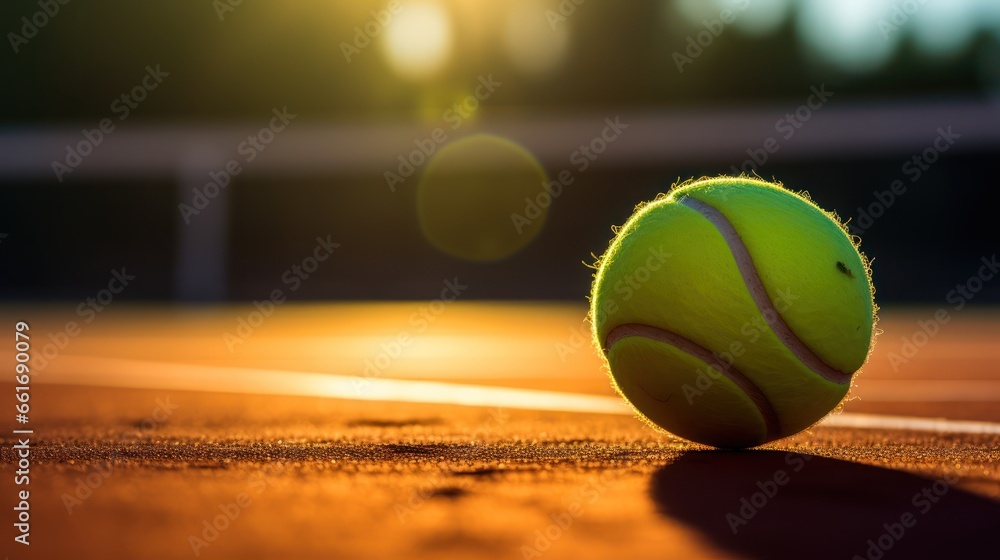 An intimate view of a tennis ball and racket, poised for action against the court's net under sunlit rays