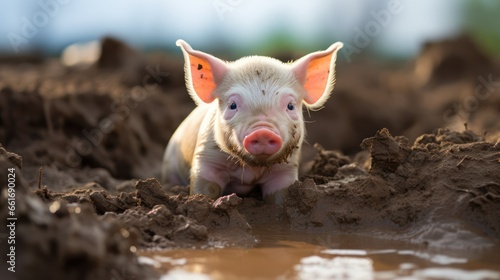 Adorable piglet, with a playfully muddied snout, captures the essence of farm life
