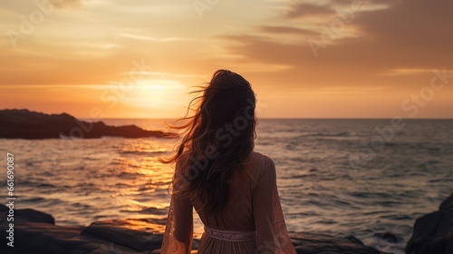 Hopeful woman, lost in the serenity of a seaside sunset