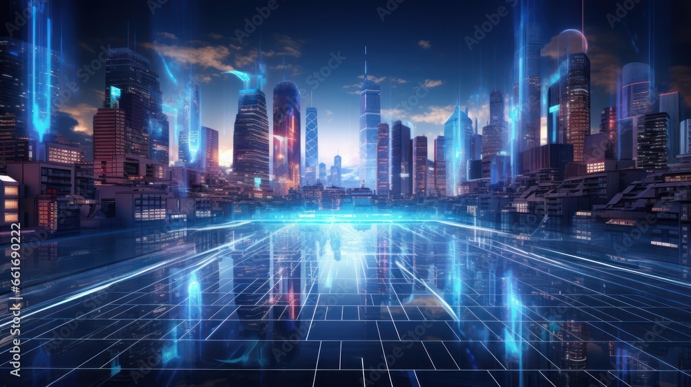 Visionary smart city connected by gradient lines, embodying the metaverse's technological linkage
