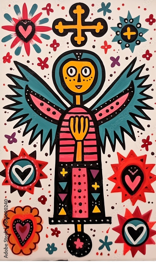 Fototapeta premium Tribal Art, simple painting, folk art style, modern acrylic paint, childlike art, hand painted colourful, South American, Central American, bold colours, boho, graffiti style art