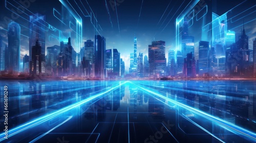 Visionary smart city connected by gradient lines, embodying the metaverse's technological linkage