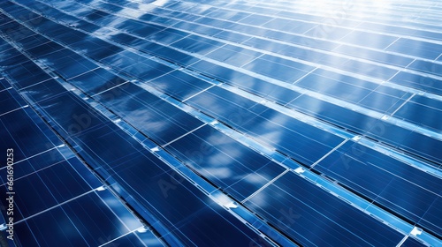 Aerial panorama of a solar farm, harnessing the sun's mighty power