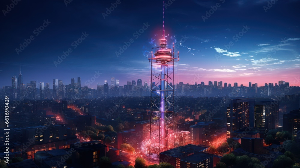 Towering 5G antenna dominating the skyline, the heartbeat of global connectivity - obrazy, fototapety, plakaty 