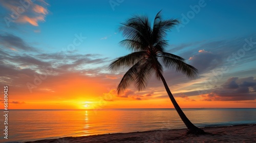 Lone palm silhouetted against a sunrise on a tranquil beach