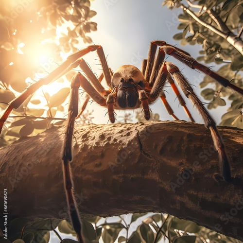 large spider caught in a tree branch with a sun background. generated ai © KBL Sungkid