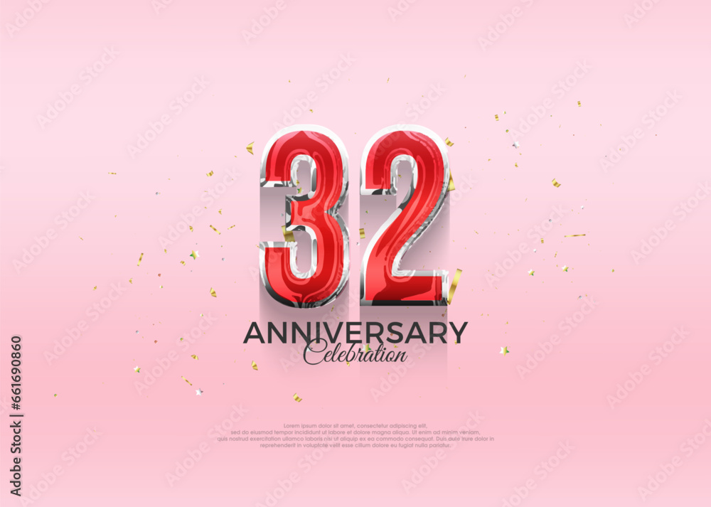 32nd anniversary celebration, vector 3d design with luxury and shiny gold. Premium vector background for greeting and celebration.