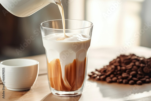 Close up of pouring milk into a glass with coffee drink with whipped milk foam and chocolate in background of modern kitchen interior. Lifestyle concept of drinks and holidays.