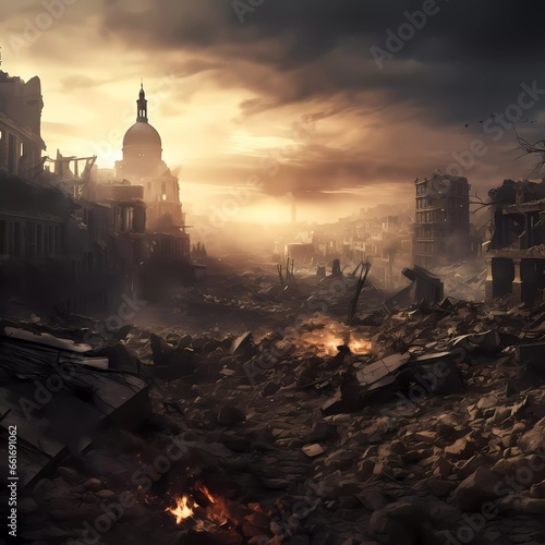   a city destroyed by war  in the concept of world peace. generated ai  #661691062