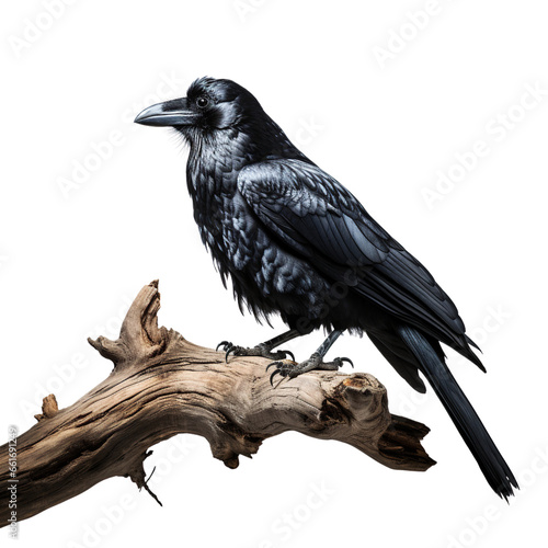 Raven on a branch  on white background