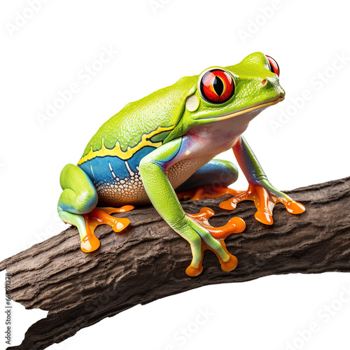 Red eyed tree frog on a branch, isolated on white background