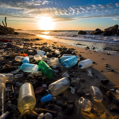  Plastic bottles and rubbish washed up on the beach. Plastic ocean pollution. generated ai