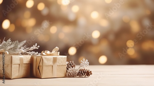 Christmas banner with Christmas decorations, gift boxes © BOMB8