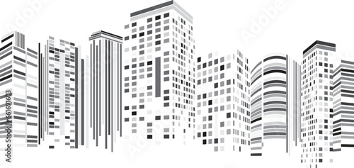 Structured Cityscape with Modern Apartments and Corporate Towers, Architectural city skyline with corporate towers and structured residential apartments.