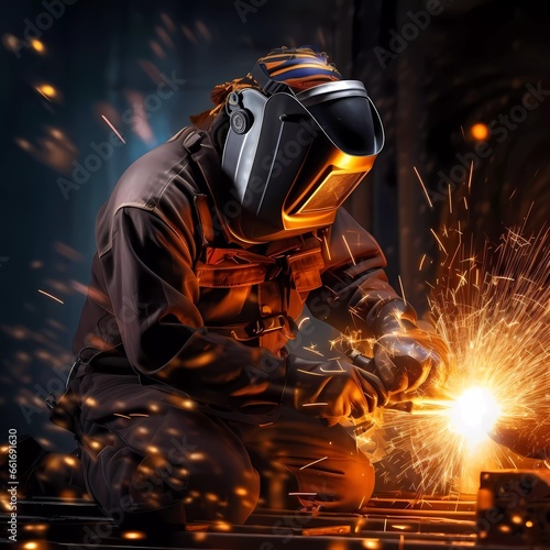 Welder welding metal, with lots of sparks and wearing protective gear. generated ai