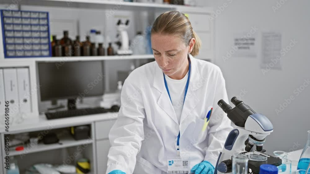 Beautiful young blonde scientist at work, wearing gloves while handling test tube in the lab, breakthrough within reach, Beautiful young blonde scientist at work, wearing gloves while handling test tube in the lab, breakthrough within reach,