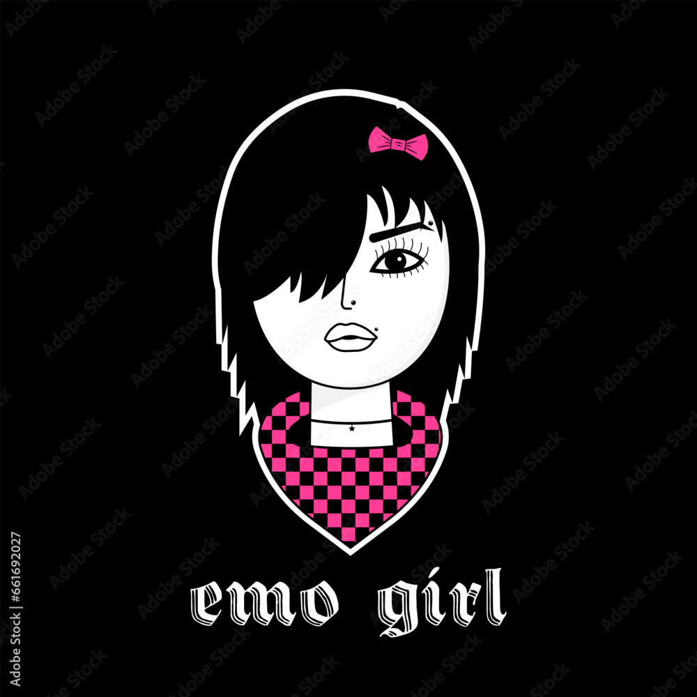Emo girl with bandana and bow with side bangs. Gothic aesthetic in y2k, 90s, 00s and 2000s style. Emo Goth tattoo sticker on black background. Vector art illustration Emo girl with bandana and bow with side bangs. Gothic aesthetic in y2k, 90s, 00s and 2000s style. Emo Goth tattoo sticker on black background. Vector art illustration