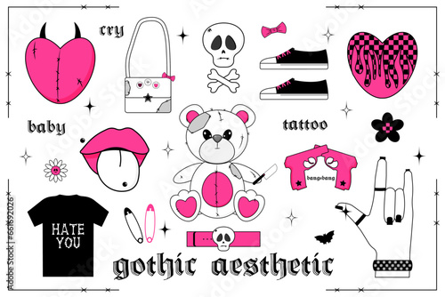 Set of flat girly stickers. Teddy Bear toy, hand, hearts and other elements in trendy emo goth. Gothic aesthetic in y2k, 90s, 00s and 2000s style. Pink, black, white colors. Vector art illustration