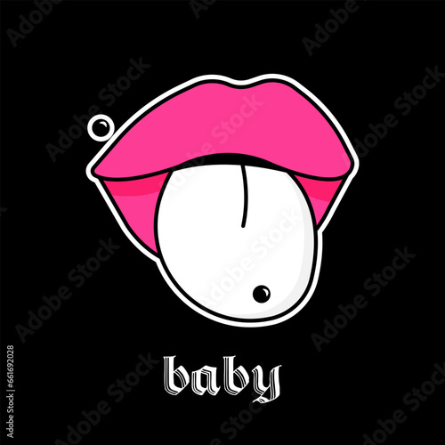 Lips with tongue, piercing and inscription Baby. Gothic aesthetic in y2k, 90s, 00s and 2000s style. Emo Goth tattoo sticker on black background. Vector art illustration