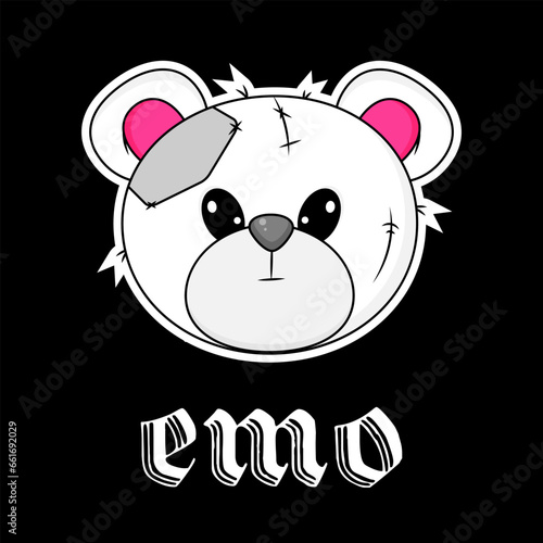 Fototapeta Naklejka Na Ścianę i Meble -  Wrong and Raped Teddy Bear. Inscription Emo. Gothic aesthetic in y2k, 90s, 00s and 2000s style. Emo Goth tattoo sticker on black background. Vector art illustration