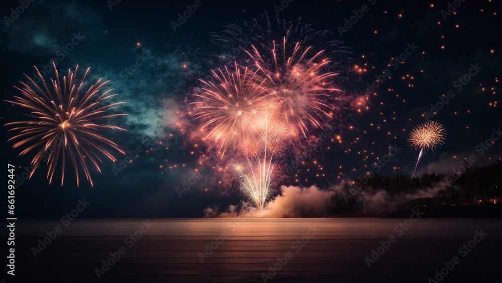 Fireworks Party Bright Night Sky Background. Backdrop with copy space