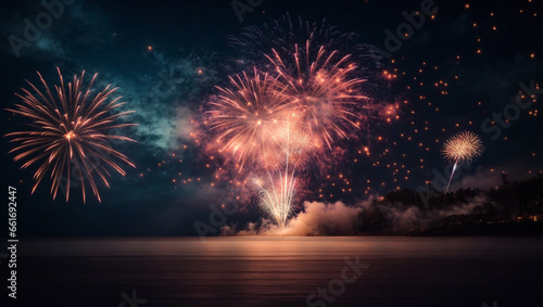 Fireworks Party Bright Night Sky Background. Backdrop with copy space