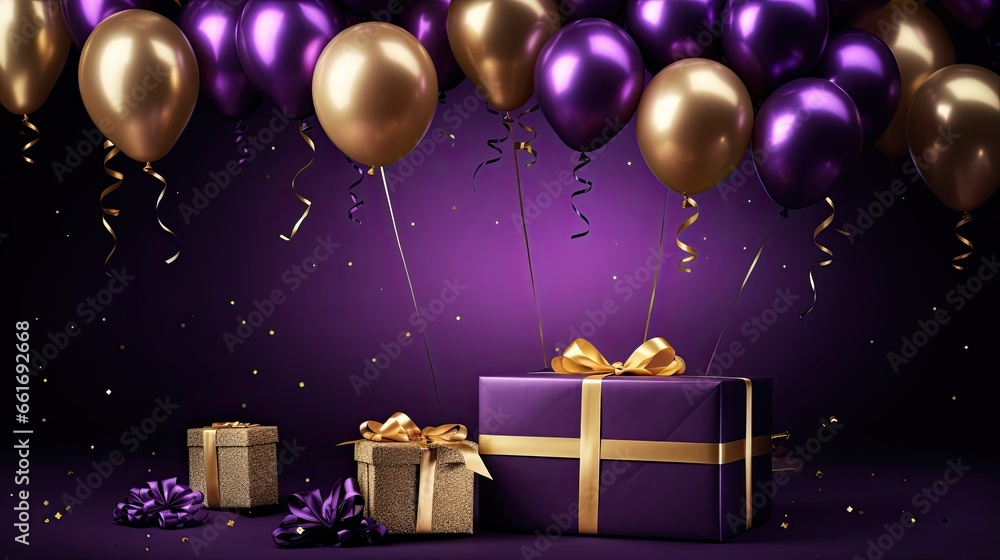 Luxury gold frame with purple gold balloons on the black background AI Generative Luxury gold frame with purple gold balloons on the black background AI Generative